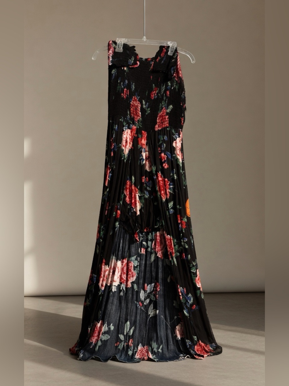 Timing Black Floral Pleated Maxi Skirt with Red & Pink Roses attached romper